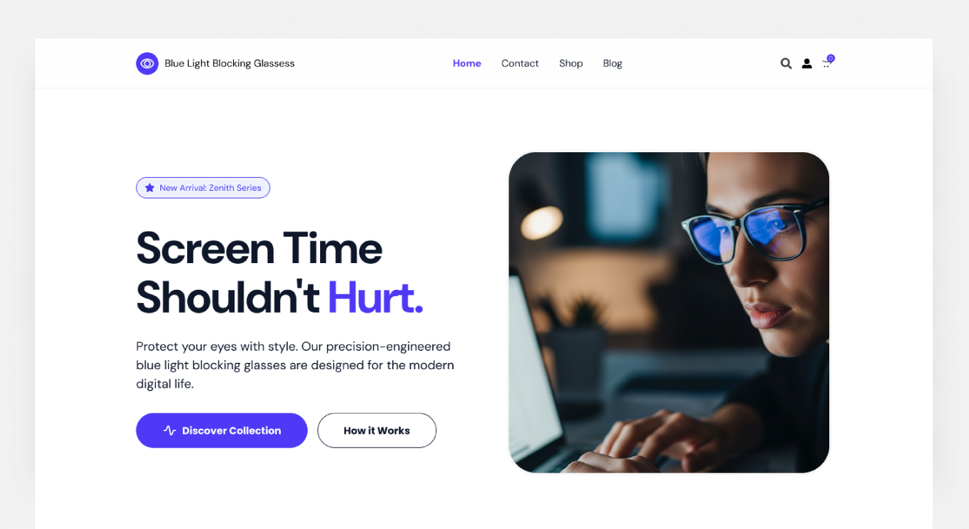 Blue light blocking glasses website UI